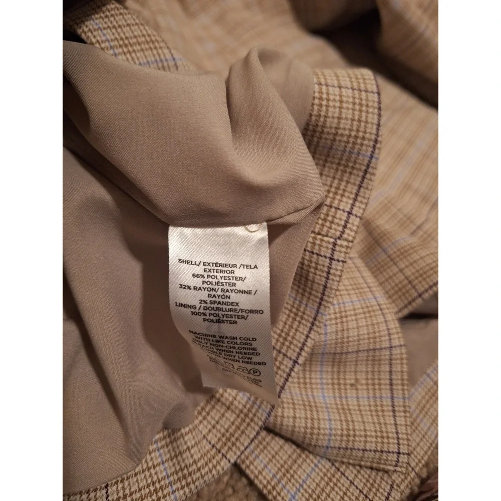 Ann Taylor Womens 16P Petite Plaid Blazer Tan Blue Single Button Workwear Jacket
